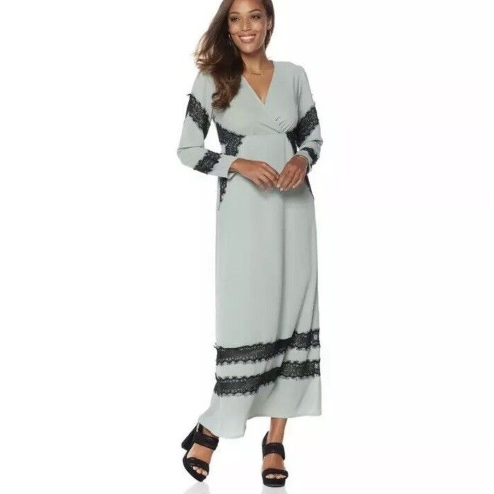 LaBellum Hillary Scott Wmn 18W Mint Green Lace Detail Long Sleeve Maxi Dress NWT